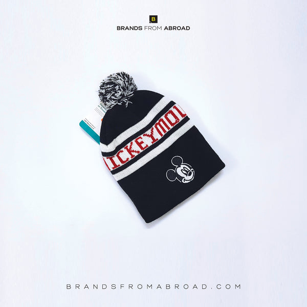 Mickey Mouse Beanie Cap with Pom Pom Detail Black