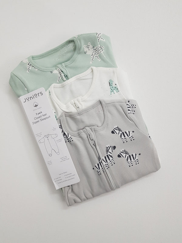 Juniors Safari Print Closed Foot Sleepsuit with Zip - Set of 3