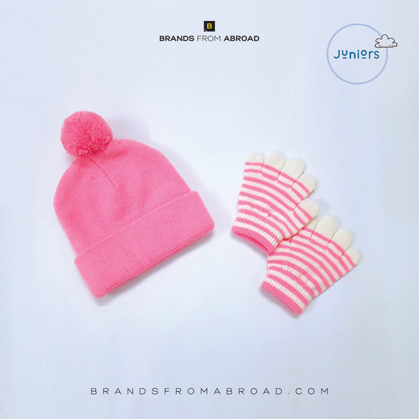 Juniors Solid Beanie and Striped Gloves Set
